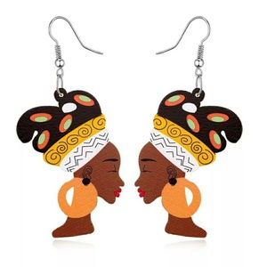 African Headwrap Crown Wooden Painted Earrings